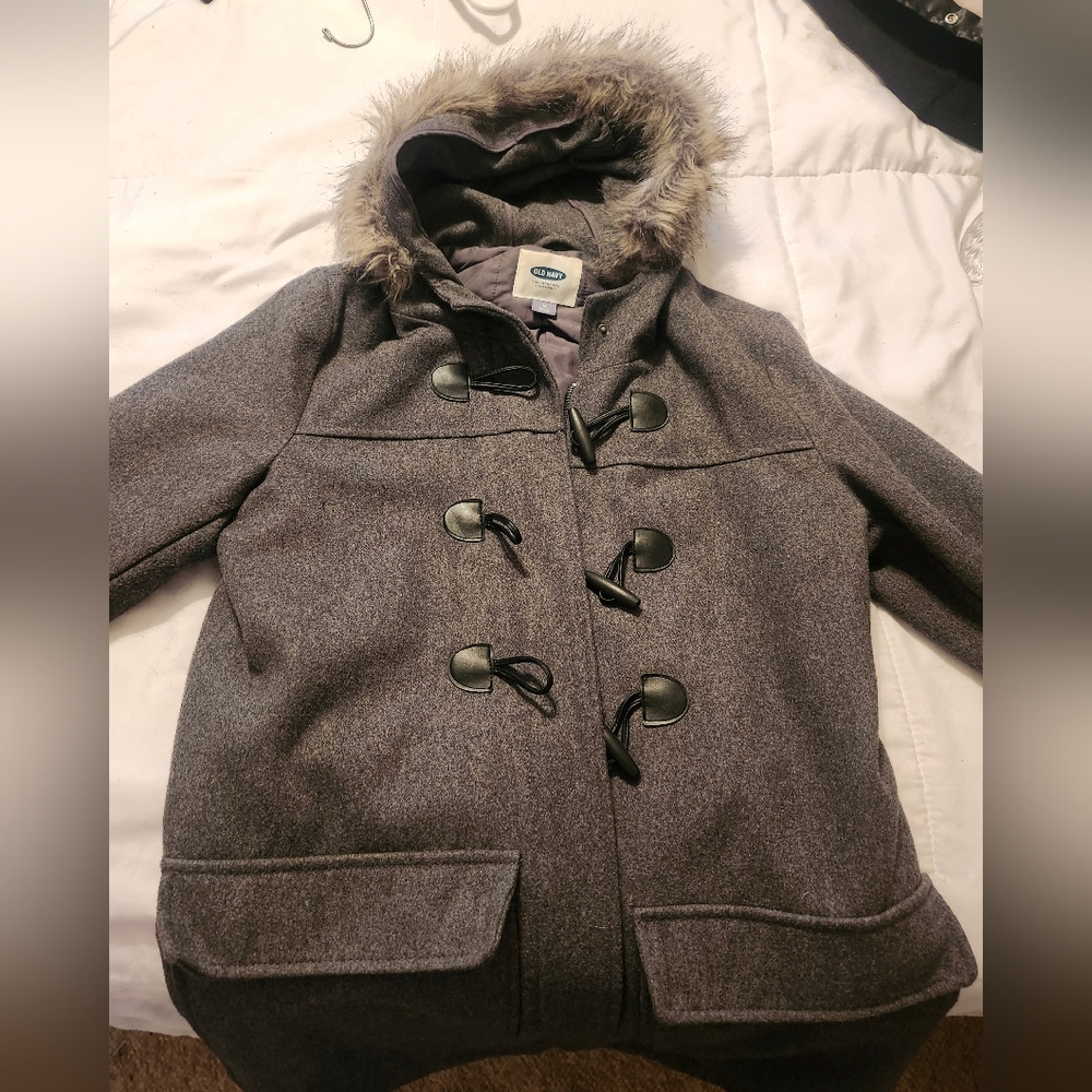 Old Navy Coat Jacket Toggle Button Women Medium Gray Faux Fur Hood Wool Blend